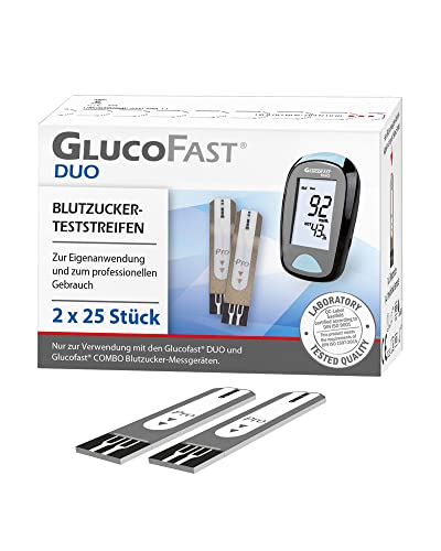 GLUCOFAST Duo Blutzucker Teststreifen – 50 Stück für Glucofast Duo Messgerät | präzise & hygienische Anwendung | Nachfüllpackung für Diabeteskontrolle in mg/dl oder mmol/L