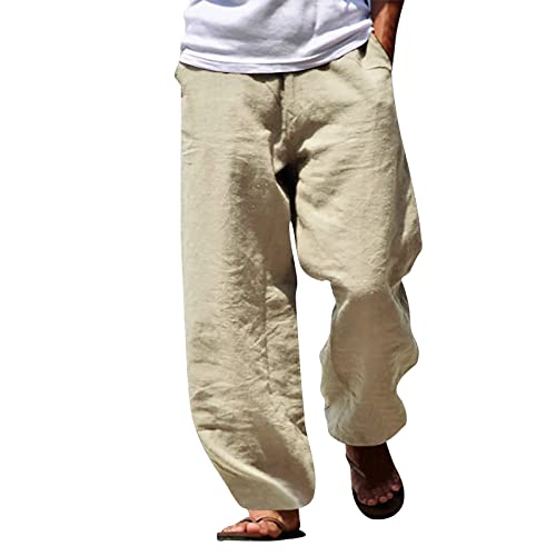 Generisch Herren Leinenhose Herren Lang Sommerhose Weit Leicht Loose Fit Freizeithose Yoga Urlaub Strandhose mit Kordelzug Baumwollhose Herren Chino Hose Herren Regular Fitness Hose Herren Gym