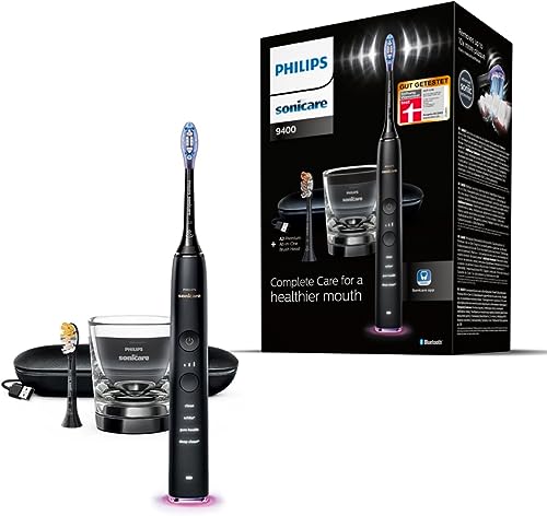 Philips Sonicare DiamondClean Smart 9400 elektrische Zahnbürste, Schallzahnbürste mit App, Drucksensor, Bürstenkopferkennung, 4 Putzmodi und 3 Intensitätsstufen, Schwarz, Modell HX9917/89