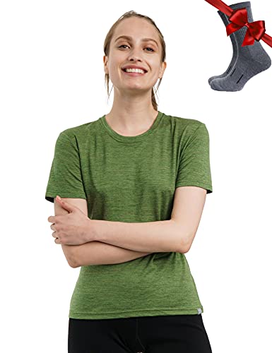 Merino.tech Merinowolle T-Shirt Damen - 100% Merinowolle Leichte Basisschicht Damen Kurzarm T-Shirt + Merinowolle Wandersocken (Large, Green Olive Crewneck)