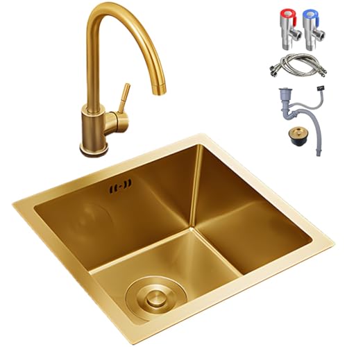 JETXYHUB Kleine Quadratische Küchenspüle In Gold, Mini-Wohnmobilspüle In Gold, Unterbauspüle Aus Edelstahl Für Küchenbars, Allzweckspüle Für Bars Mit Wasserhahn Und Zubehör(38x38x21cm)