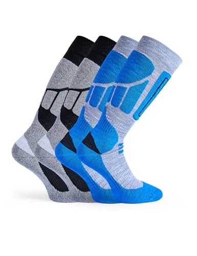 Basic Treasure 2er Pack Skisocken Herren 39-42 Schwarz/Blau, Warm und Lang Skistrümpfe, Ski Socken, Extra Starke Polsterung, Skisocken für herren und Damen