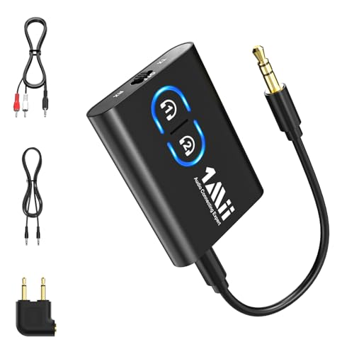 1Mii Bluetooth 5.3 Adapter Transmitter für TV Audio auf 2 Kopfhörer, 2-in-1 Bluetooth Sender Empfänger Klinke 3.5 für Stereoanlage/Flugzeug aptX Adaptive