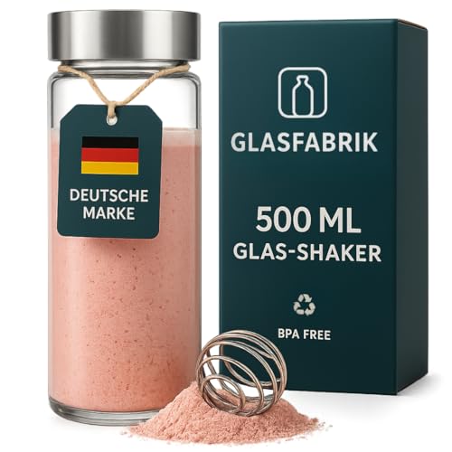GLASFABRIK® Premium Glas Shaker Proteinshake | 500 ml BPA-freie Glasflasche mit Edelstahlkugel | Nachhaltiger Protein Shaker aus Glas | Geschmacksneutral & auslaufsicher | Designed in Germany