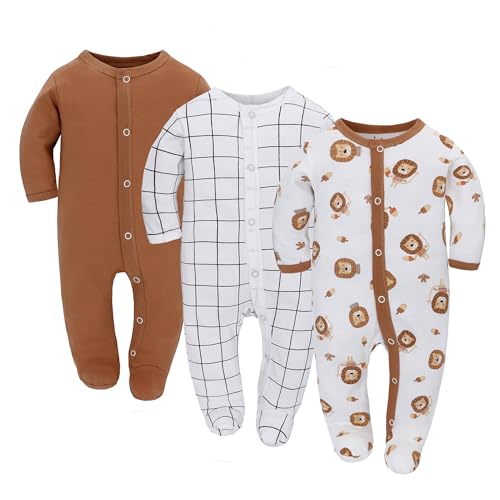 3PCS Baby Schlafstrampler Babychlafanzug Babyschlafsack Baumwolle mit Füßen mit knöpfen Gr. 56 62 68 für Junge Mädchen Neugborenen (Löwe, 56)