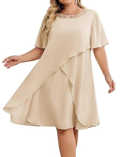 Hanna Nikole Cocktail Kleider FüR Damen Elegant GroßE GrößE Hochzeitsgäste Kleider Chiffon Abendkleider Mit Pailletten Rundhalsausschnitt Festlich Midikleid FüR Die Brautmutter