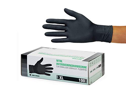 Nitrilhandschuhe 100 Stück Box (XL, Schwarz) Einweghandschuhe, Einmalhandschuhe, Untersuchungshandschuhe, Nitril Handschuhe, puderfrei, ohne Latex, unsteril, latexfrei, disposible gloves, black