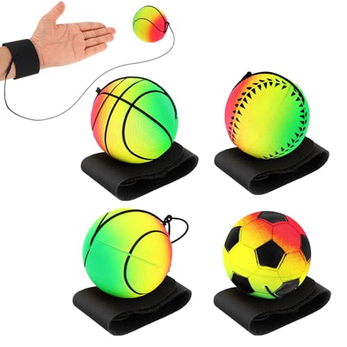 DSLSQD 4 Stück Handgelenk Return Ball,Ball mit Schnur,Springball mit Schnur,Handgelenk Ball Kinder,Gummi Rebound Ball,Sport Andgelenkball,Ball an Schnur,für Kinder Erwachsen Spielen&handgelenkübungen