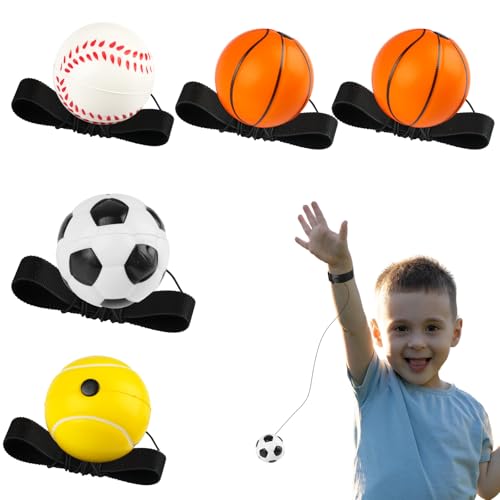 Maxmoc 5 Stück Ball mit Schnur Kinder, 6cm Springball mit Schnur, Gummi Ball mit Gummiband Handgelenk, Sport Spielzeug für Kinder Erwachsen Basketball Fußball Baseball Tennis