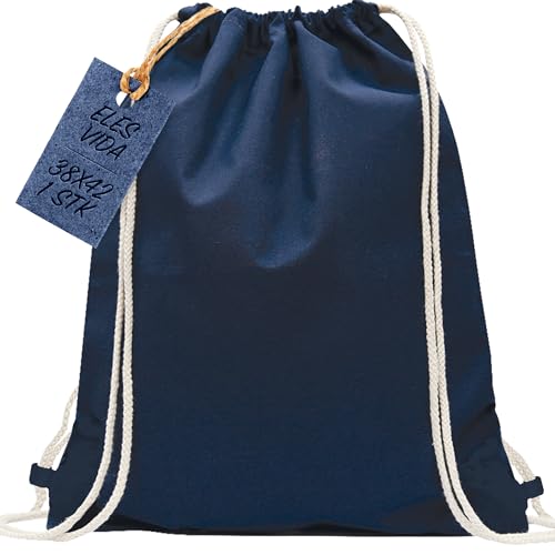 Baumwoll Turnbeutel 1 Stück 38 x 42 cm Sportbeutel - Rucksack Stofftasche Bag, Beutel, Baumwollbeutel, Jutebeutel OEKO-TEX® geprüft Stoffbeutel Damen & Herren, Kinder Gym Sack zum bemalen Dunkelblau