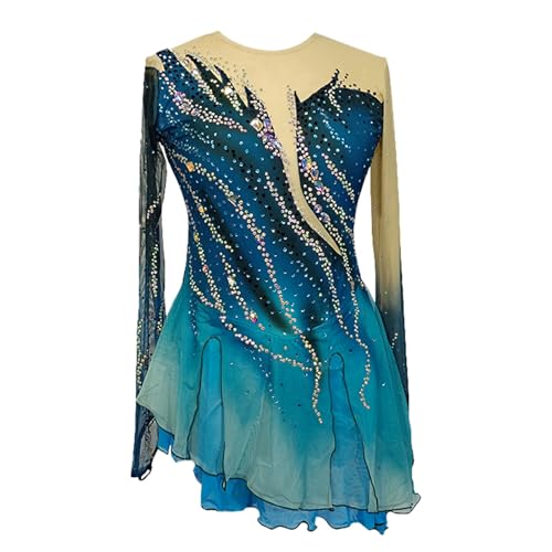 Kmarouse Eiskunstlauf Kleid Mädchen Tanz Trikot Mit Strass Glitzer Bühnenauftritt Eistanz Rollkunstlauf Kleider(Blue_XXL)