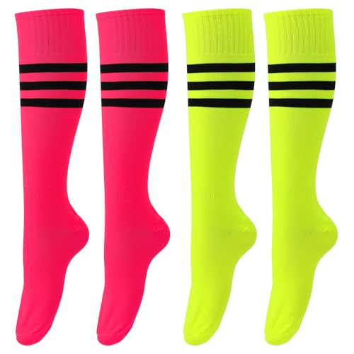 2 Paar Kniestrümpfe Damen Thigh Highs Pinke Socken Neonfarbene Lange Gestreifte Kniestrümpfe Leuchtendes Grün Overknees Strümpfe Damen Für Frauen 80er 90er Jahre Mädchen Neon Glow Party Socken