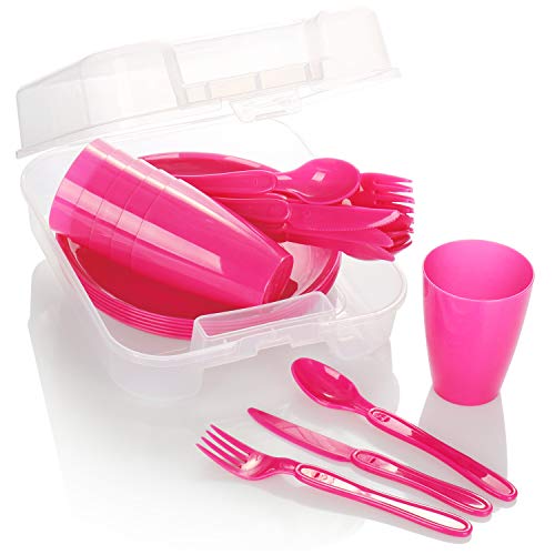 com-four® 31-teiliges Picknick-Set, Picknickkorb und Mehrweggeschirr für 6 Personen, idealer Picknickkoffer für Camping, Wohnmobil, Strand und Rucksackreisen (pink)