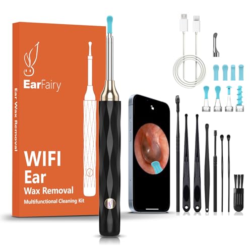 EarFairy Ohrenschmalz Entferner Otoskop Wifi Ohrreiniger Kamera HD Drahtlos Wasserdicht Ohrenspiegel 360°Weitwinkel Ear Cleaner mit 3.5mm Linse und 6 LEDs für iPhone, iPad und Android-Smartphones