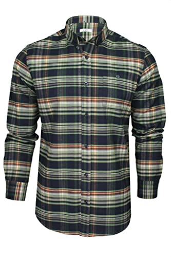 Xact Herren Langarmhemd im Tartan-Karo-Check mit Button-Down-Kragen, Normale Passform (Navy/Khaki) M