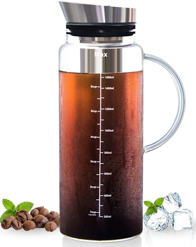 Aquach Cold Brew Kaffeebereiter und Obstkrug – großes Fassungsvermögen 1,4 l – mit robuster Glaskaraffe/feinmaschigem Stahl-Teesieb/luftdichtem Deckel