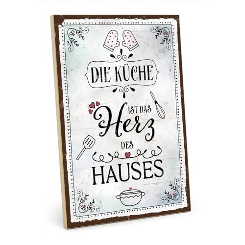 TypeStoff Holzschild mit Spruch – Küche – im Vintage-Look mit Zitat als Geschenk und Dekoration zum Thema Familie, Herz und Kochen - HS-00898