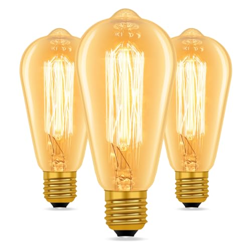 3 Stück Glühbirne E27 Edison Vintage, ST64 Vintage Dimmbar, 2700K Warmweiß, 600 Lumen, AC 220V, Bernstein Glas, Dekorative Leuchtmittel für Nostalgie, Retro Beleuchtung im Haus Café Bar