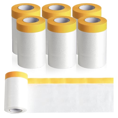 6 Rollen Abdeckfolie Klebeband mit Folie, 55 cm x 20 m Abdeckfolie Malerfolie, Selbstklebende Goldband Masker Tape, Transparent Malerkrepp mit Folie Gewebeklebeband Malerband zum Staubschutz