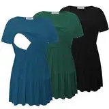 Bearsland Women’s Nursing Top 3pack Short Sleeve Scoop Neck Nursing Shirt Breastfeeding Shirts, Black & Vivid Blue & Deep Green, XL