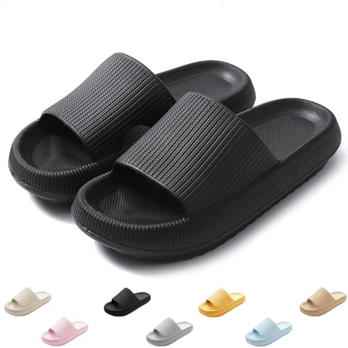 QJJQ Badeschuhe Herren Damen Cozislides Original Slippers Wolke Schlappen Super Weich Rutschfest Badelatschen Hausschuhe Sommer Pantoletten Badeschlappen Flip Flops,Schwarz, 38-39 EU