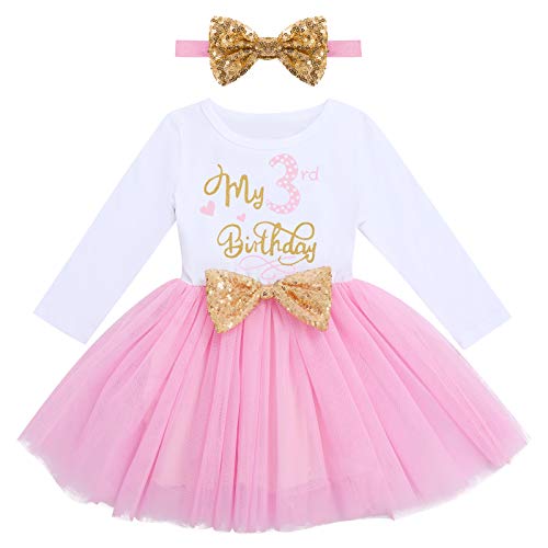 Kleinkinder Mädchen Mein 3. Geburtstag Kleid Baumwolle Langarm Tutu Tüllkleid A-Linie Prinzessin Partykleid mit Pailletten Schleife Stirnband 2tlg Set Fotoshooting Outfit Kostüm Rosa 3 Jahre