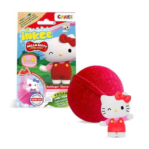 INKEE Hello Kitty - Badebombe Kinder mit Überraschung - 1 von 6 Hello Kitty Figuren zum Sammeln - Badekugel 80g mit Wassermelone-Aroma und Jojobaöl, Rosa oder Rot