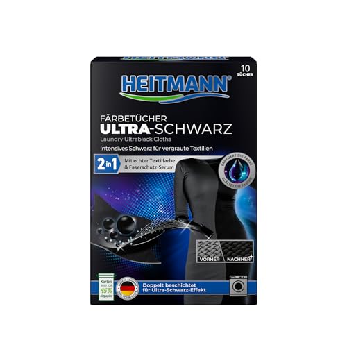 HEITMANN 2 in 1 Färbetücher Ultra-Schwarz: Farbauffrischung & Pflege für vergraute, aufgeraute schwarze Kleidung, Farbtücher mit hochwertiger Textilfarbe, zur Anwendung in der Waschmaschine, 10 Stk.