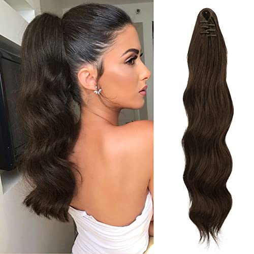 FESHFEN Pferdeschwanz Extensions Klammer, 50 cm Hair Extensions Zopf Lang Pferdeschwanz Haarteil Clip Gewellt Extensions Zopf Mittelbraun Pferdeschwanz Haarverlängerung für Frauen