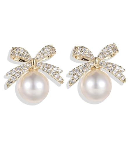 Kalamakala Perle Schleifen Ohrringe, Gold Silber Bow Earrings, Bogen Ohrstecker Ohrringe für Damen, Ohrringe Modeschmuck für Frauen und Mädchen