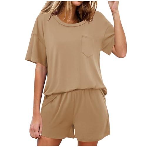 Damen Jogginganzug Set für Damen, lässiges Oberteil Shorts, 2-teiliges Outfit, Trainingsanzug Shorts(Khaki,L)