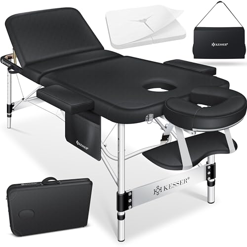 KESSER® Mobile Massageliege klappbar & höhenverstellbar 3 Zonen Massagebett Massagetisch Kosmetikliege Breit Therapieliege Aluminium + 10x Gesichtsauflage mit Kopfstütze Armlehnen & Tasche Schwarz