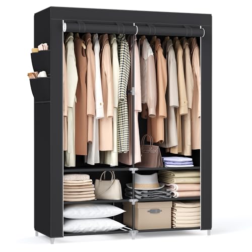 SONGMICS Stoffschrank, Kleiderschrank, 45 x 127 x 176 cm, 2 Hängefächer, mit Ablagen, 4 Seitentaschen, viel Platz, für Schlafzimmer, Wohnzimmer, schwarz RYG008B02