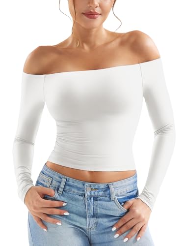 ZAAYO Long Sleeve Schulterfreies Oberteil Damen Y2K Crop Top Basic Langarmshirt Sport Tshirt Off Shoulder Gym Oberteil Damen White S