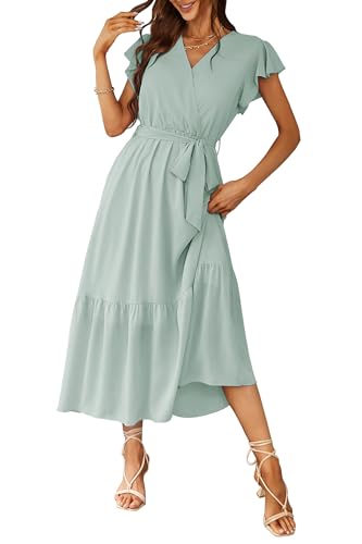 Awemeal Kleid Damen Sommer Elegant V-Ausschnitt Kurzarm Lang Sommerkleid Boho Blumenkleid mit Gürtel Rüschen Saum Wickelkleid Strandkleid A Linie Fließend Maxikleid (M, Grün)