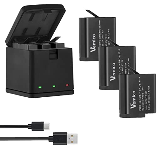 Vemico Hero 7/6/5 Akku Ladegerät Kit 3 Pack 1500mAh Ersatzakkus Typ-C LED 3-Kanal Ladegerät für Hero 7 Black/Hero 6 Black/Hero 5 Black/Hero 2018/ AHDBT-501 (Vollkompatibel mit Original)