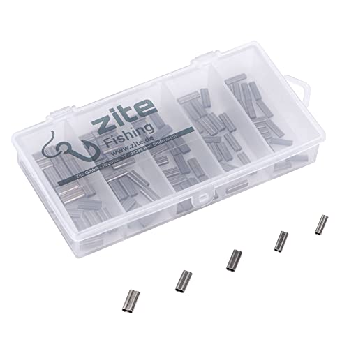 Zite Fishing Doppel Klemmhülsen Sortiment / 5 Größen (0,8-1,6mm) / 100 STK Quetschhülsen Set mit Box/Doppel-Hülsen für Angel-Vorfächer und Angelschnur