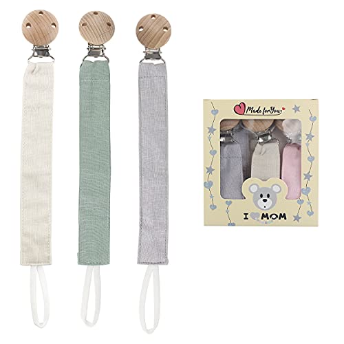 RUBY 3PCS Schnullerkette Stoff Set,Schnullerband Baumwolle,Cotton Schnullerkette MäDchen und Schnullerkette Junge,Schnullerketten mit Buchenholz Clip