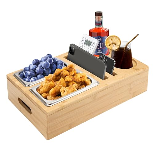 Ghope Couchbar Snackbox aus Bambus, Couch Bar Sofa Organizer und Getränkehalter mit Zwei Snackschalen Aus Edelstahl, Couchorganizer Sofatablett Couchbutler Weinregal Snackbar Snackhalter