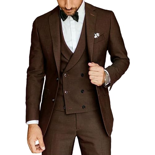 Zweireihiger lässiger Smoking für Männer 3 Stück Slim Fit Formaler Hochzeitsanzug Formaler Anzug für Prom Party Dinner (Kaffee,XXL)