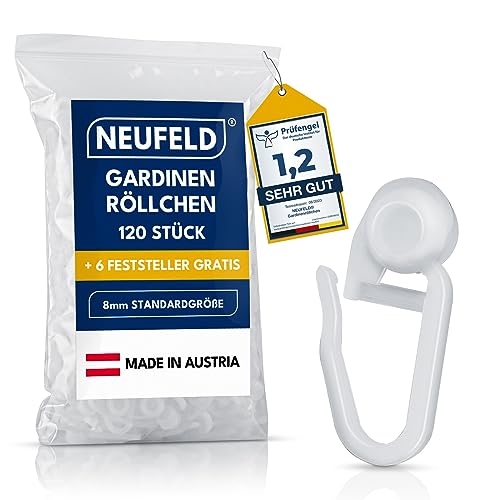 NEUFELD® 120 Gardinenröllchen für Innenlauf Schienen (inkl. 6 Feststeller) I Waschfeste Vorhangrollen I Gardinenhaken Gleiter [8mm Standardgröße] (120)