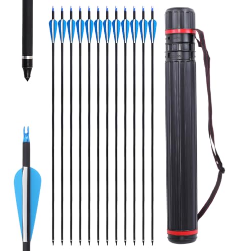 Fiita 12 Stück Carbonpfeile Pfeile für Bogenschießen 30 Zoll Pfeil Set mit Pfeil Quiver für Compound Recurve Bogen, 12 Pcs Pfeil und 1Pcs Pfeilfeld（80cm Länge）