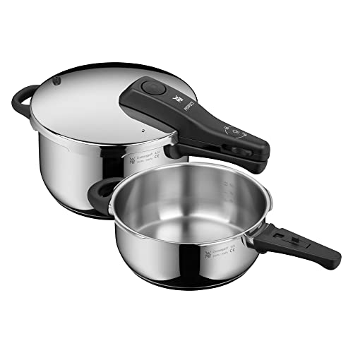 WMF Perfect One Pot Schnellkochtopf Set Induktion 2-teilig, Dampfkochtopf 4,5l + 3l, großes Kochsignal, 2 Kochstufen, abnehmbarer Deckelgriff, Edelstahl