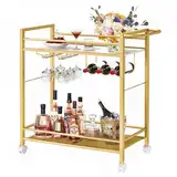 LELELINKY Servierwagen,Küchenwagen,Barwagen mit Rollen, Moderner bar cart mit Stauraum, Weinwagen mit Weinregal und Weinglashalter für Küche, Wohnzimmer & Esszimmer,Bar, Party,Gold