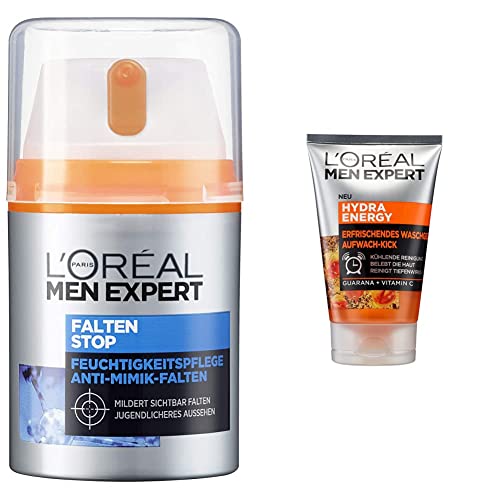 L'Oréal Men Expert Gesichtspflege gegen Falten, 1 x 50ml & L'Oréal Men Expert Gesichtsreinigung für Männer, Erfrischendes und pflegendes Reinigungsgel mit Aufwach-Kick für Männer, 1 x 100 ml