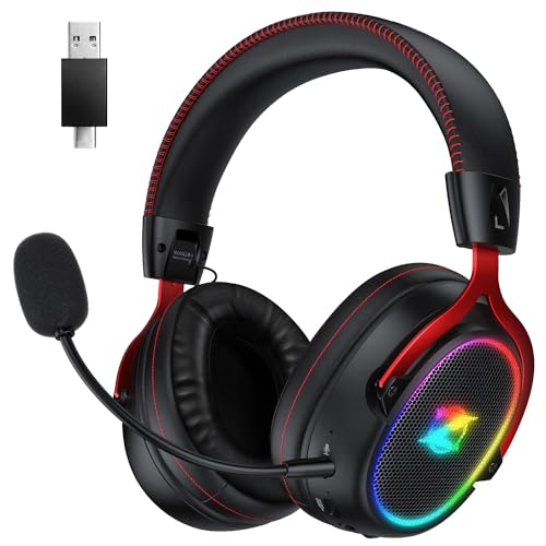 Ozeino Gaming Headset Wireless für Ps4/Ps5/PC/Xbox/Switch, Headset mit Mikrofon Noise Cancelling, 2.4 GHz und Bluetooth 5.3 Headset, 7.1 Surround Sound, Schwarz Und Rot