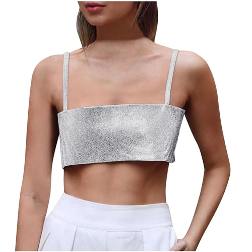 Kurzes Damen Glitzer Pailletten Top Rundhalsausschnitt Spaghetti Schulterfreies Rückenfrei Einfarbig Unterhemden Tanktops Frauen Camisole Ärmellos Sexy Ohne Arm Bluse Oberteile Tops Party 2024