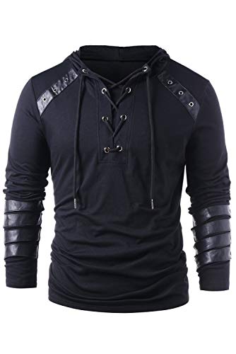 helymore Herren Kordelzug mit Kapuze, Steampunk, Gothic, Sweatshirt, Langarm, für Ritter, mittelalterlicher Pullover, Rüstung, Bandage, Leder, Schwarz, Schwarz , Medium