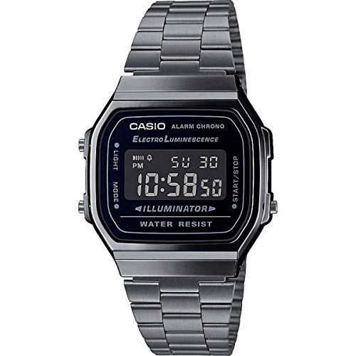 Casio Unisex Quartz Armbanduhr, 36.00mm Gehäusegröße mit LCD digital Zifferblatt und schwarz Metallarmband Armband A168WEGG-1BEF