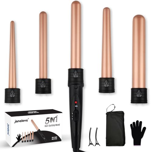 5 in 1 Lockenstab Set - janelove 10-32mm Keramik Lockenstab mit Verschiedenen Aufsätzen für Große und Kleine Locken, 2 Einstellbare Temperatur Lockenwickler Kit mit Handschuhe & Nylontasche (Roségold)